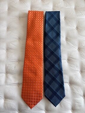 Bespoke Orange Geometric & Navy Plaid Silk Tie Set